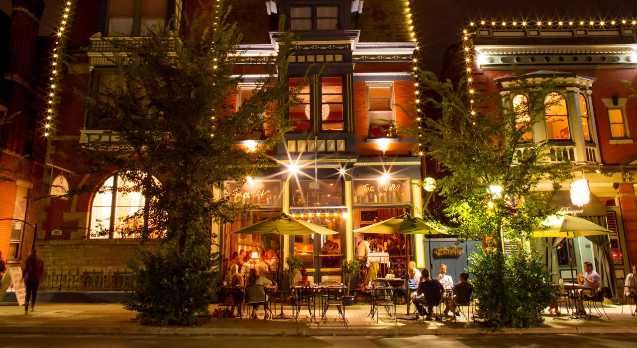 A charming evening scene on Covington’s Main Street