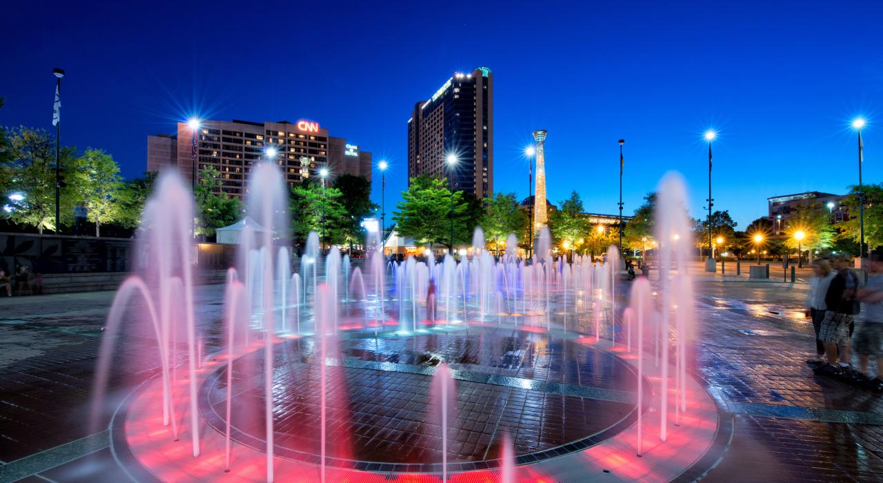 Illuminated fountains in Centennial Olympic Park, the heart of downtown