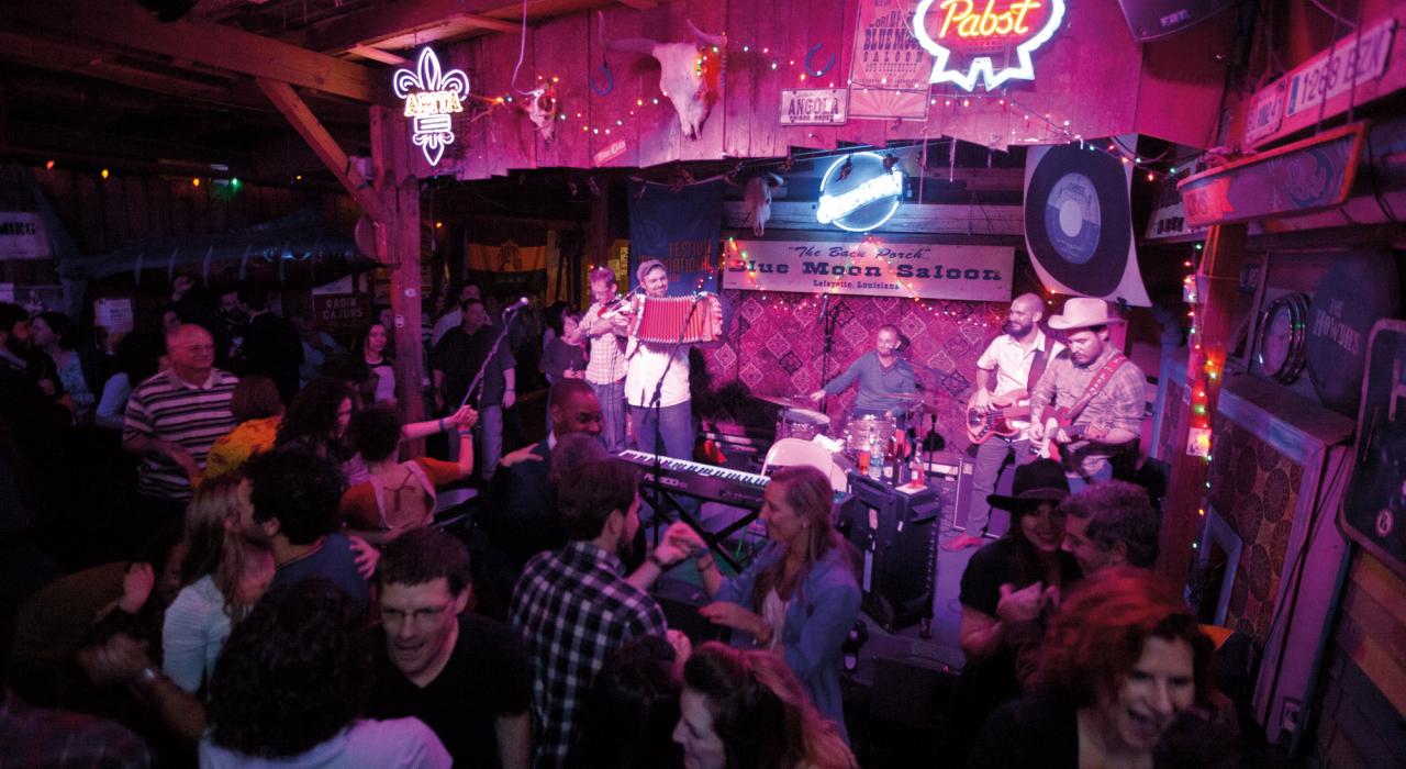 Dancing to a live band at the Blue Moon Saloon in Lafayette, Louisiana