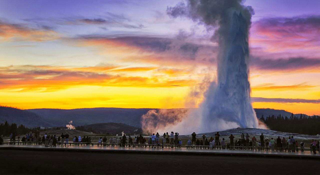 The Old Faithful geyser erupting at Yellowstone National Park in Wyoming