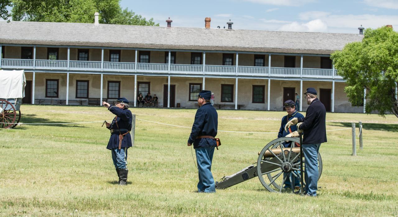A reenactment of a cannon firing at Fort Laramie National Historic Site in Wyoming