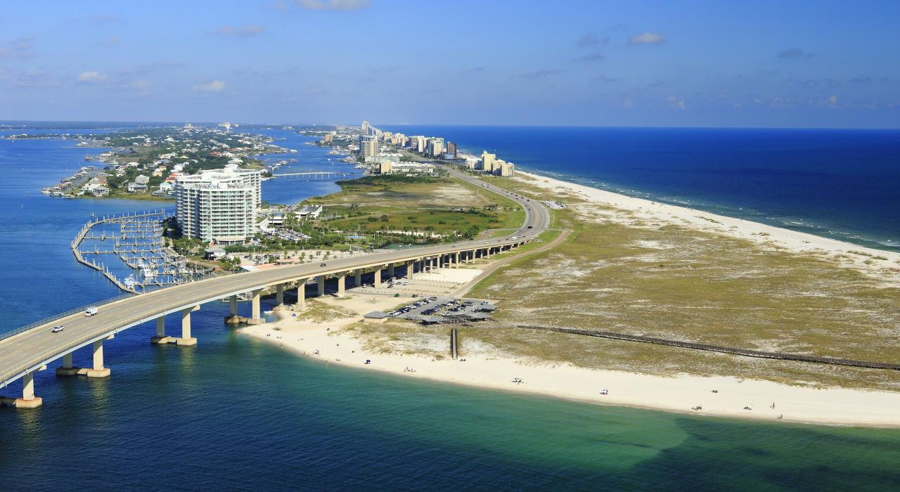 Aerial view over the Gulf of Mexico and the area's back bays