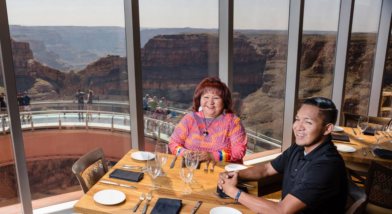 Dining at the Sky View Restaurant, overlooking the Skywalk and the Grand Canyon