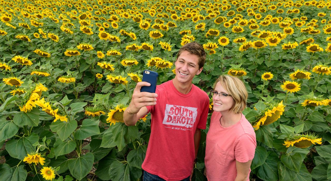 Posing with a field of sunflowers in South Dakota