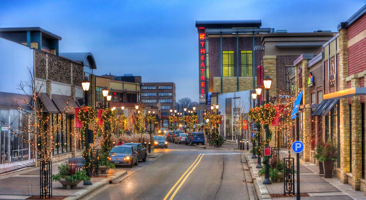Twinkling lights in the West End, a neighborhood with shopping, dining and entertainment