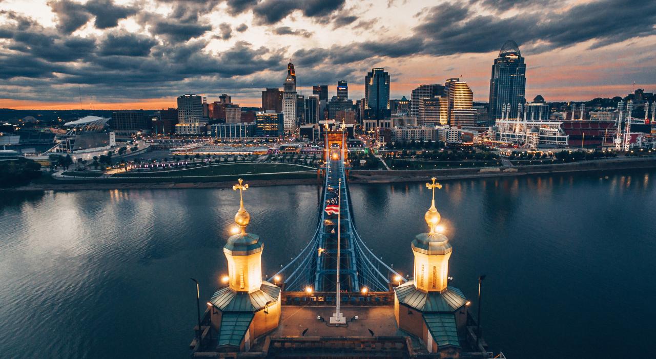 Stunning Cincinnati skyline from atop the Roebling Suspension Bridge