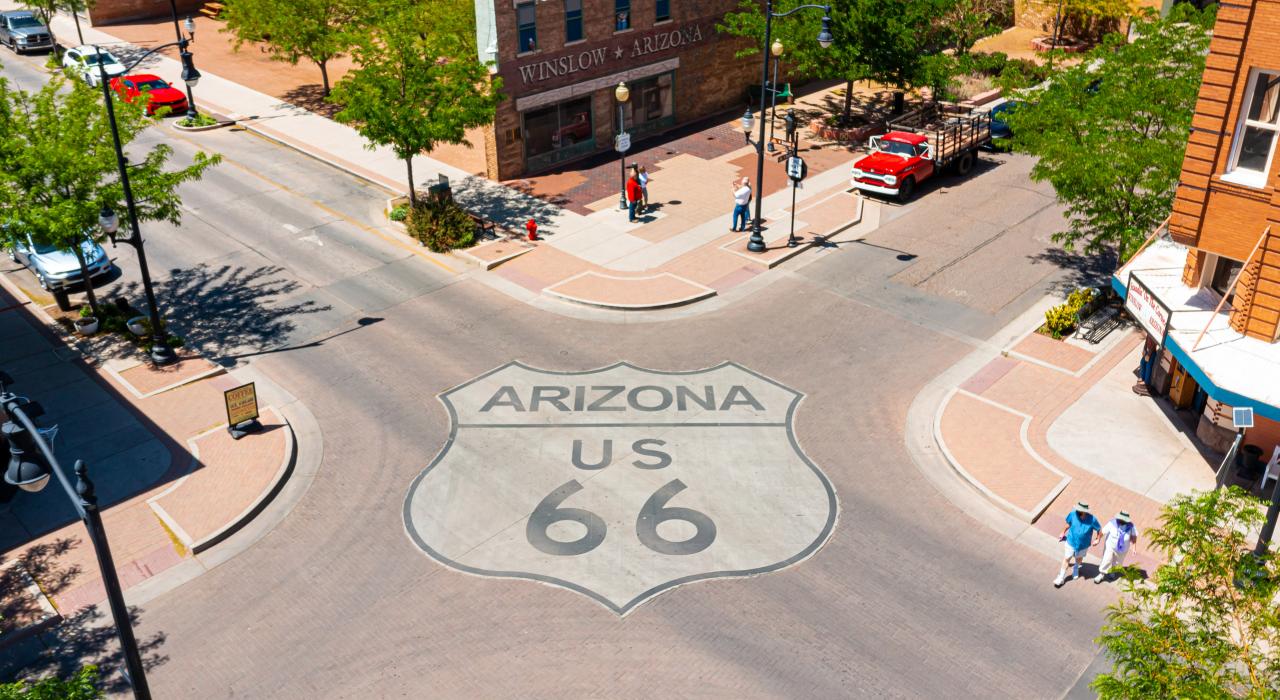 The massive Route 66 shield road mural in Winslow, Arizona