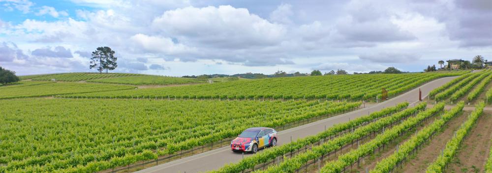 The United Stories mobile studio car in the vineyards of Santa Maria, California